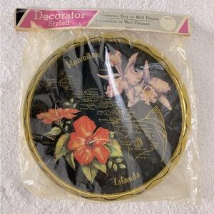 Vintage Hawaiian Islands Metal Souvenir Tray with Floral Design